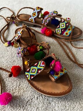 Chinese Laundry Multicolor Beaded Pom Pom Gladiator Sandals